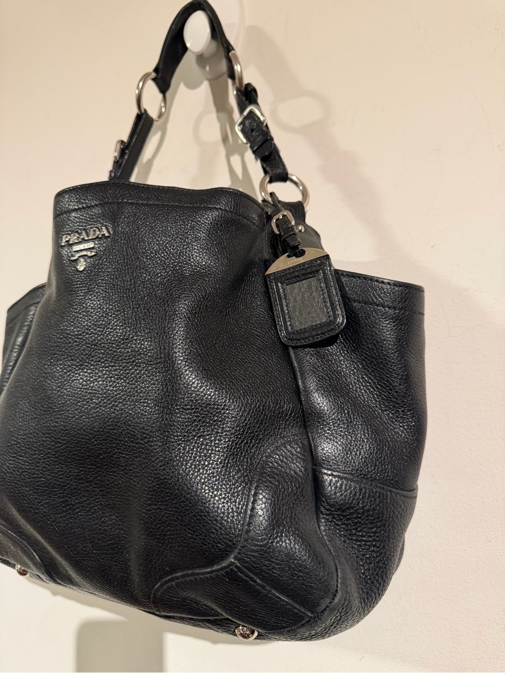 PRADA Black Pebbled Leather Shoulder Bag with Silver Hardware - Picture 4 of 15